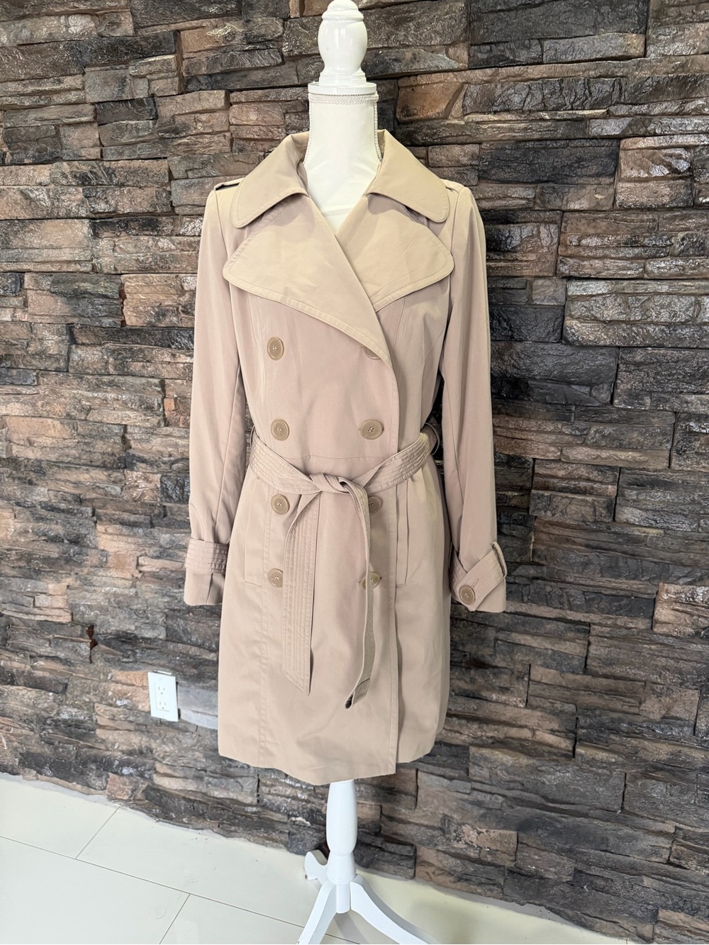 New York & Company Beige Double-Breasted Trench Coat